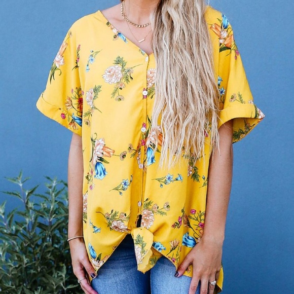 Mustard Yellow Floral Front Tie Top - Picture 1 of 1